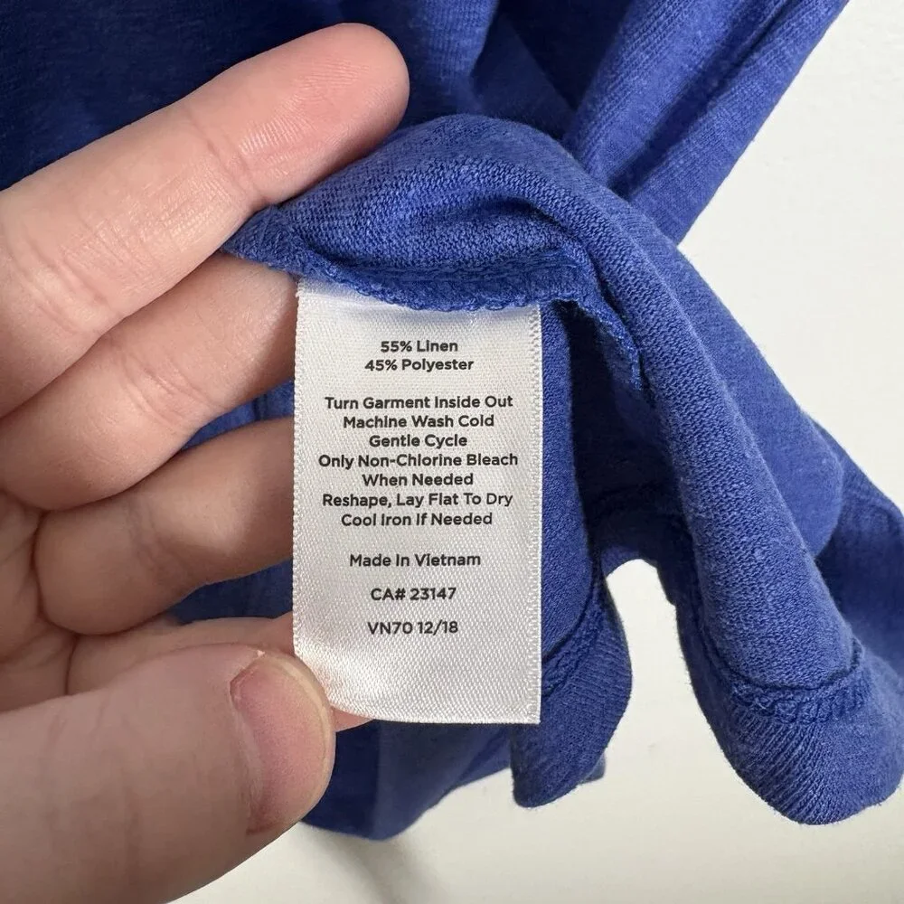 Talbots Petite MP Blue Button Shoulder Scoop Neck Short Sleeve Linen Blend Tee